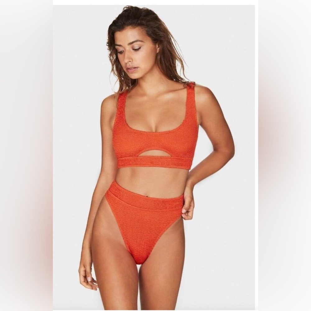Bond Eye Sasha Cutout Bikini Top and Cheeky Bottoms Matching Set Crinkle Orange